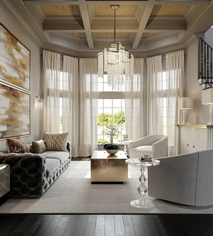 Rendu d'un salon moderne réalisé avec 3ds Max et V-Ray